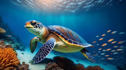 Fototapeta premium A Graceful Sea Turtle Swims Above a Vibrant Coral Reef, Illuminated by Sunlight and Teeming with Diverse Marine Life.