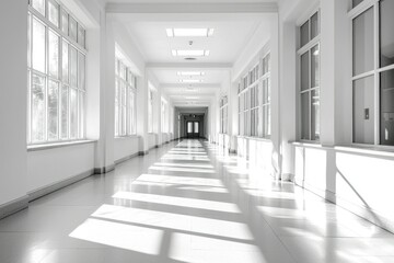 Sunbeams Streaming Through Windows in a White Hallway