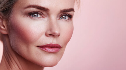 Fototapeta premium Beauty cosmetics magazine photo of a middle-aged Caucasian woman with clear skin and refined pink lips, conveying sophistication in a classic style.
