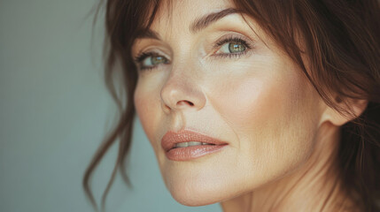 Obraz premium Beauty cosmetics magazine photo of a middle-aged Caucasian woman with glowing skin and delicate pink lips, her elegance shining through.