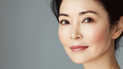Fototapeta premium Beauty cosmetics magazine photo of a middle-aged Japanese woman with smooth, glowing skin and delicate pink lips, exuding understated elegance.
