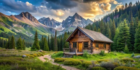 Obraz premium A rustic log cabin nestled amidst a lush mountain valley bathed in the warm glow of the setting sun