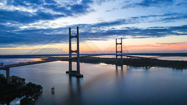 Dames Point Bridge over the St. Johns River at Sunrise with Traffic in Jacksonville, Florida USA