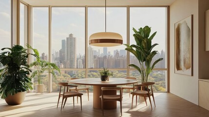 Modern dining area with city view, featuring plants and natural light.