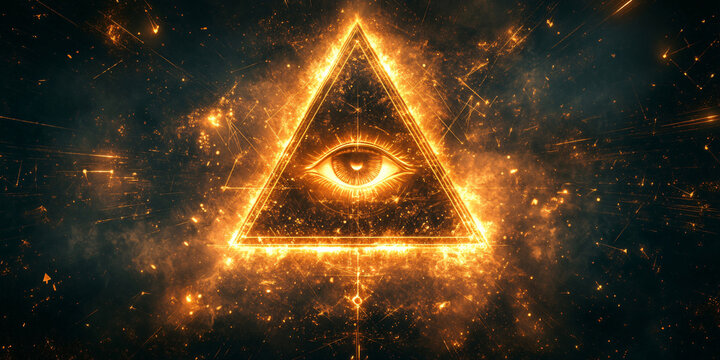 illuminati symbol. A glowing pyramid shape with an eye inside, representing the Illuminati symbol.