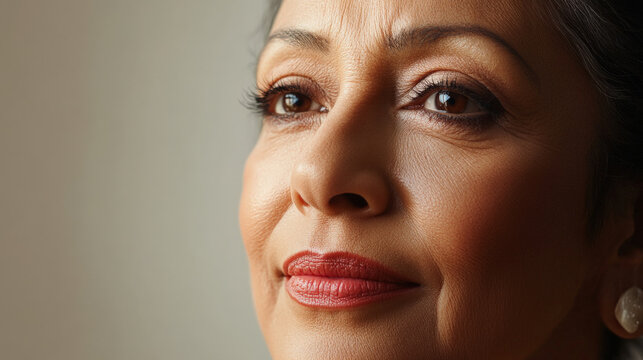 Beauty cosmetics magazine photo of a senior Hispanic woman with smooth skin and natural pink lips, bathed in soft, flattering lighting.