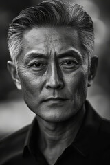 Obraz premium Black and white portrait of a middle-aged Japanese man with short, slicked-back hair, clear skin, and calm, wise eyes, in soft natural daylight.