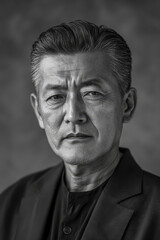 Black and white portrait of a middle-aged Japanese man with short, slicked-back hair, clear skin, and calm, wise eyes, in soft natural daylight.