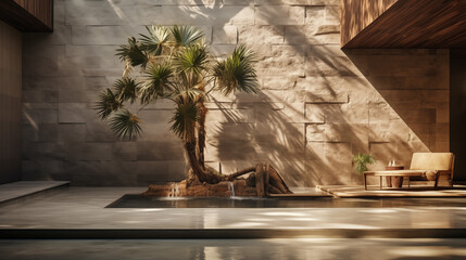 amazing idea for interior design, natural home decor with palms, rock, wood, waterfall, modern living like in rainforest
