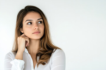 Doubtful young adult Brazilian woman in semi-formal clothes, lost in thought on a white studio background.