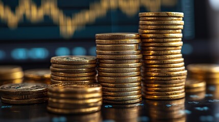 stacks of gold coins with rising stock chart in the background symbolize the increasing price of gold