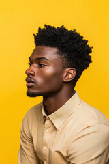 Obraz premium Doubtful young adult African American man in a semi-formal shirt, sitting reflectively on a yellow studio background.