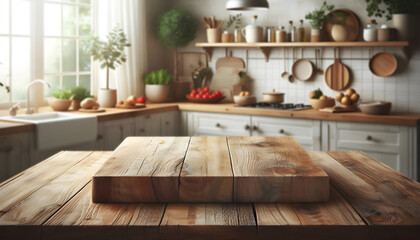 Empty wooden table top with blurred kitchen background for product placement. Product background. Ai mock up. Cooking concept.