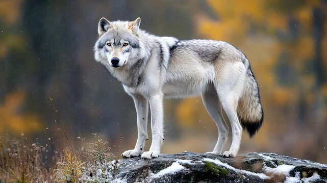 white wolf standing majestically on a rock
