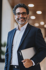 Fototapeta premium Middle-aged Brazilian sales agent in formal attire, smiling slightly while holding a laptop, modern technological background.