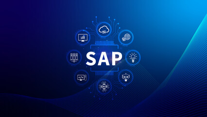 SAP system concept, SAP System Application Products, Business process automation and management software concept, management solutions.