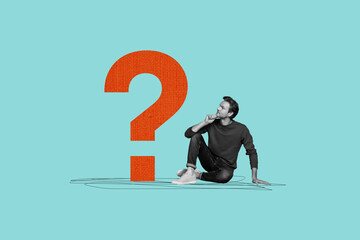 Composite creative art collage of serious man think theory solution question mark ponder brainstorm...