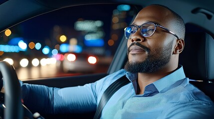 A stylish black man in glasses travels home in the back seat of a taxi at night. A handsome male passenger glances out the window of his car on an urban street with neon signs and a working traffic