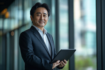 Fototapeta premium Middle-aged Japanese sales agent in formal attire, holding a laptop and giving a slight smile, modern technological background.