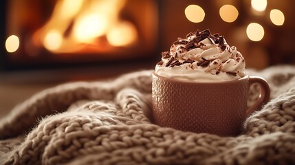 Hot chocolate with whipped cream and chocolate shavings on a plush blanket, the glow of a fireplace in the background. Warm and inviting scene with detailed textures and soft shadows.