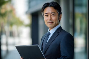 Fototapeta premium Middle-aged Japanese sales agent in formal attire, holding a laptop and giving a slight smile, modern technological background.