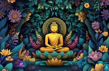 Obraz premium Buddha in a lotus position, surrounded by trees and flowers