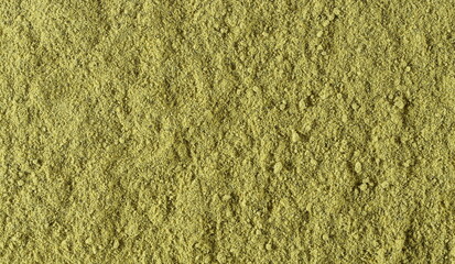 Pumpkin seeds minced, green powder background and texture, top view