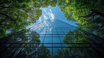 the glass skyscraper facade reflects the lush green leaves of trees the intersection of urban development ,nature the concepts of esg environmental social ,governance ,impact investing