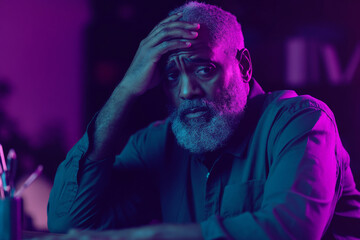 Senior African American man with a beard, anxiously clutching his head at a desk, dark purple lighting.