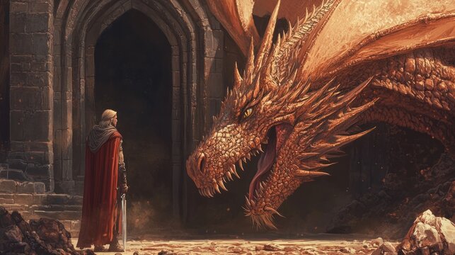 A digital illustration of a fantasy scene, featuring a dragon and a medieval knight, using intricate details and rich colors to create a captivating image