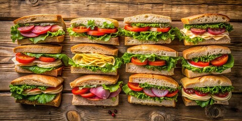 Assortment of Freshly Prepared Sandwiches with Various Fillings Laid Out on a Rustic Wooden Surface