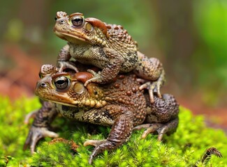 Fototapeta premium Two toads carrying their young on their backs