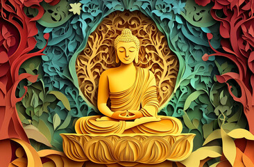 Obraz premium Buddha in a lotus position, surrounded by trees and flowers