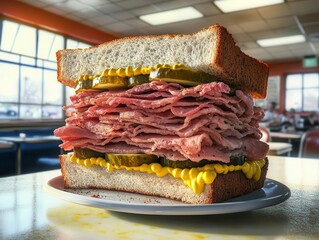An overstuffed deli sandwich with layers of pastrami