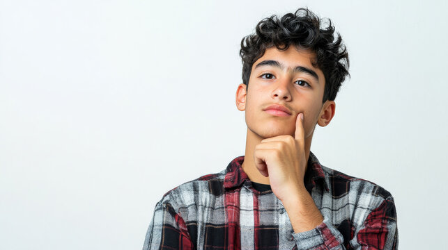 Teenager Hispanic boy deep in thought with hand on chin against a white background.