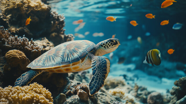 A Graceful Sea Turtle Swims Above a Vibrant Coral Reef, Illuminated by Sunlight and Teeming with Diverse Marine Life.