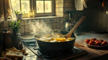A cozy Italian kitchen scene with a pot of boiling water, fresh chicken ravioli, and a wooden spoon ready to serve the delicious dish