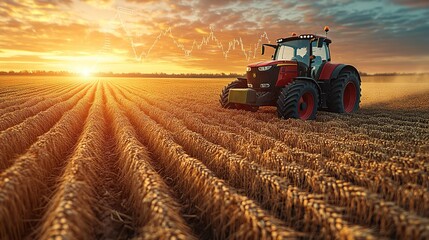 Obraz premium tractor in wheat field with stock market graphs symbolizing wheat investment opportunities