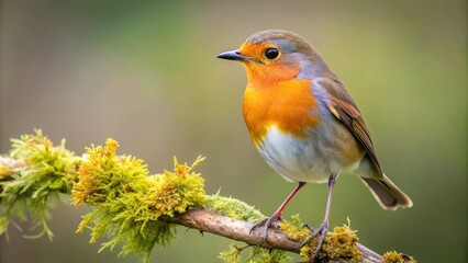 Fototapeta premium A European Robin Perched on a Moss-Covered Branch, Its Bright Orange Breast and Keen Eyes Focused on the Surrounding Forest