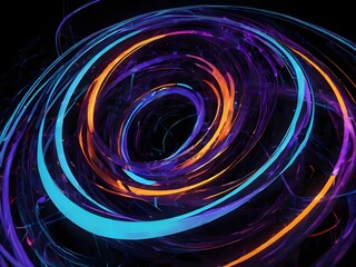 An abstract digital artwork background featuring swirling light trails in neon blue, purple, and orange hues, forming a dynamic, futuristic energy sphere. The background is deep black