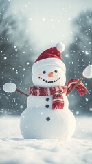 Happy snowman wearing Christmas cap, scarf in snow field. Head up, arms open wide. Snowing in air. 