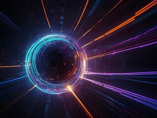 Obraz premium An abstract digital artwork background featuring swirling light trails in neon blue, purple, and orange hues, forming a dynamic, futuristic energy sphere. The background is deep black