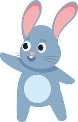 Adorable blue bunny character with big eyes pointing with his hand, cartoon vector illustration isolated on white