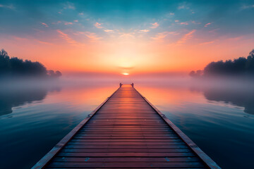 Obraz premium Walkway to a lake in perspective without railing and with a sunrise.