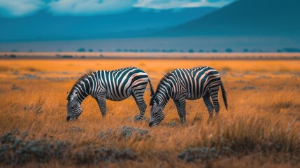 Fototapeta premium zebras grazing in the African savannah