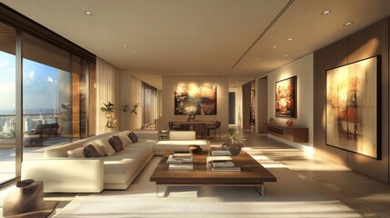 Modern living room with large windows, art pieces, and elegant furnishings.