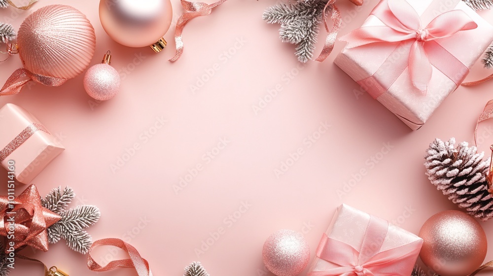 Wall mural festive pink christmas flatlay with rose gold ornaments, silver pinecones, and wrapped gifts creatin