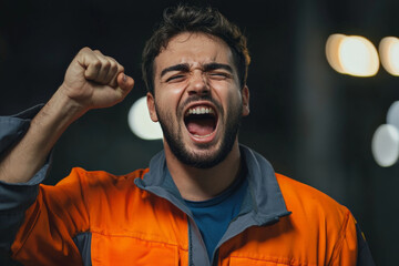 Fototapeta premium Young adult Brazilian worker in work clothes, shouting with raised fist, determination glowing in his eyes.