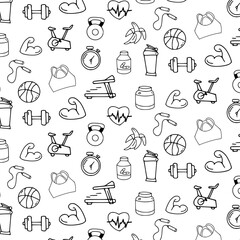 hand drawn set of gym fitness doodles vector background seamless pattern illustration