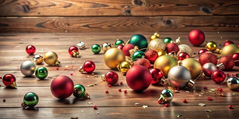 Obraz premium A festive scattering of red, green, gold, and silver Christmas ornaments on a rustic wooden surface, creating a joyful holiday scene.